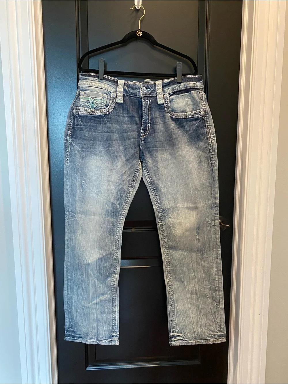 Rock Revival Romer Men’s Light Blue Straight Jeans with Embroidered Back Pockets